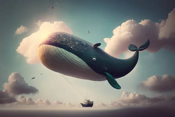 A whale floating in the sky with a boat in the background and a sky with clouds surreal photography a storybook illustration pop surrealism