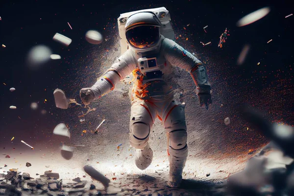 A man in an astronaut suit is walking through a rocky area with debris and confetti redshift render an ambient occlusion render space art
