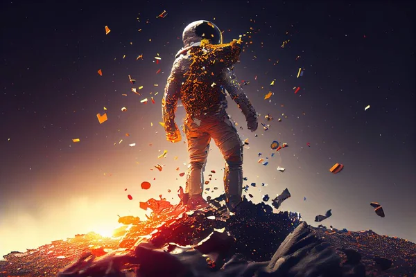 A man in an astronaut suit standing on a pile of rubble with a yellow scarf around his neck redshift render a 3d render space art