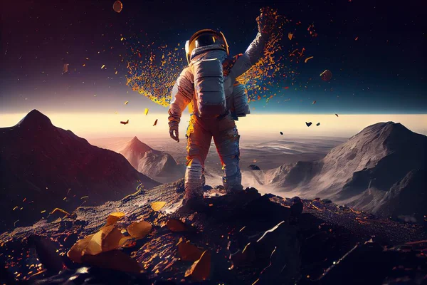 A man in an astronaut suit standing on a rocky surface with a mountain in the background redshift render a matte painting space art