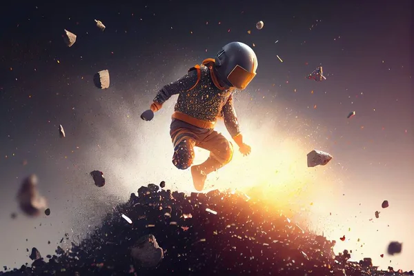 A man in a space suit is jumping off a hill of rocks and debris in the air redshift render an ultrafine detailed painting space art