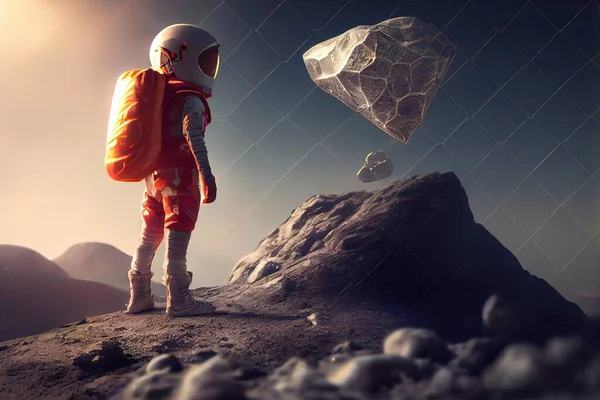 A man in an orange astronaut suit standing on a rock with a diamond in the background redshift render an ambient occlusion render space art