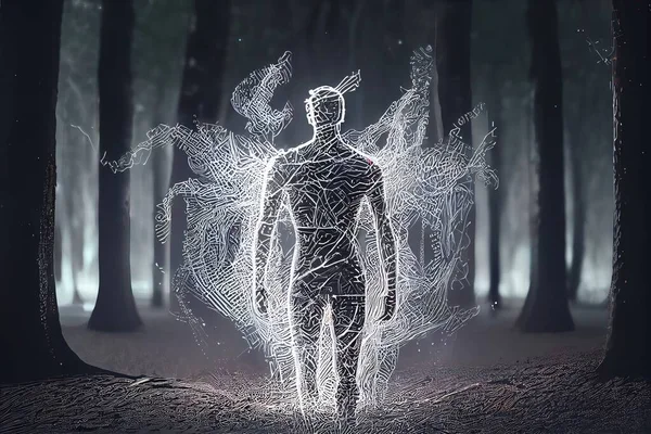 A man standing in a forest with a light painting on his body and trees in the background highly detailed digital art a hologram kinetic pointillism