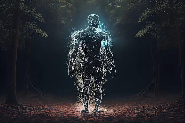 A man standing in the middle of a forest with a glowing body in the middle biopunk a hologram neo-figurative