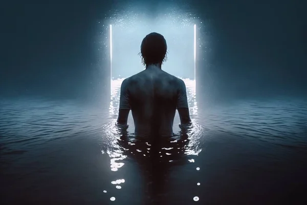 A man standing in a body of water with a doorway in the background that is lit up liminal space a 3d render aestheticism
