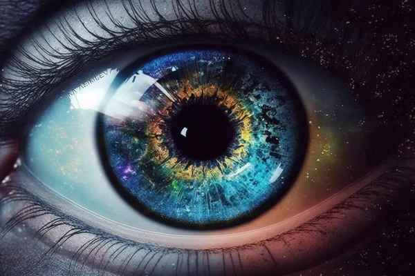 A close up of a blue eye with a bright light coming out of it\'s iris psychedelic overtones a hologram holography