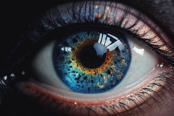 A close up of a blue eye with a clock in the iris of it\'s iris realistic eyes a photorealistic painting photorealism