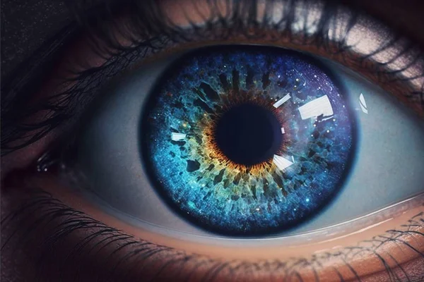 A close up of a blue eye with a star in the iris of it\'s iris realistic eyes a 3d render holography