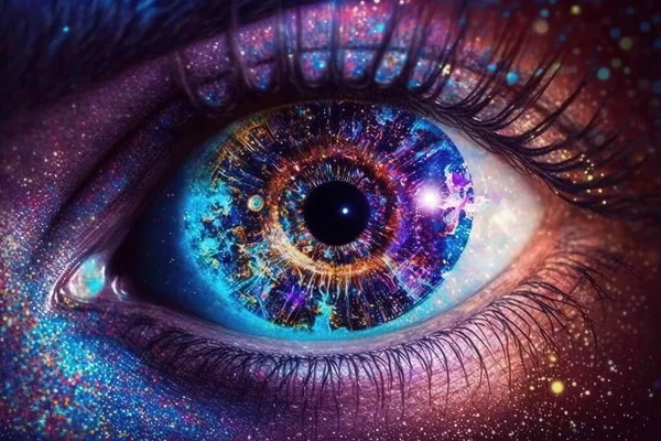 A close up of a person\'s eye with a colorful galaxy pattern on it psychedelic overtones a hologram psychedelic art