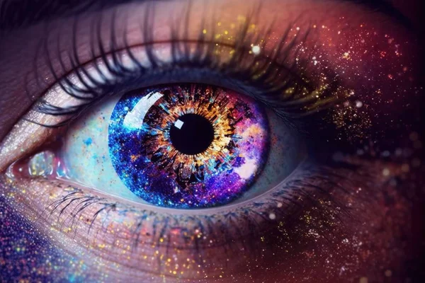 A close up of a person\'s eye with a colorful eyeball in the center realistic eyes a photorealistic painting psychedelic art