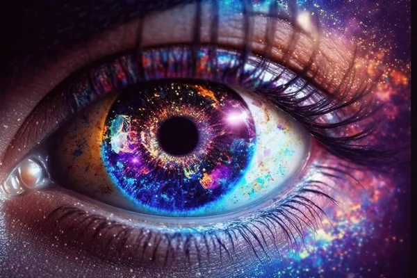 A close up of a blue eye with a galaxy pattern on it\'s iris psychedelic overtones a hologram holography