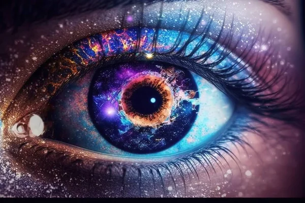 A close up of a person\'s eye with a galaxy in the background and stars in the sky cosmic a hologram psychedelic art