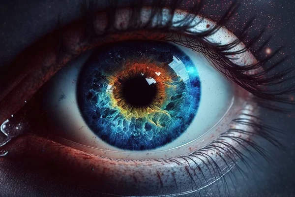 A close up of a blue eye with a red iris and a black background with a red and blue eyeball realistic eyes a photorealistic painting psychedelic art