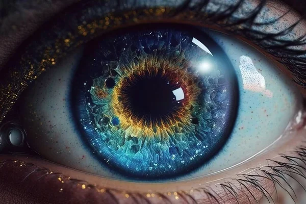 A close up of a person\'s eye with a bright blue iris and yellow and blue stars realistic eyes a photorealistic painting psychedelic art