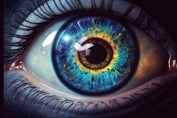 A close up of a blue eye with a rainbow iris in it\'s iris realistic eyes a photorealistic painting psychedelic art
