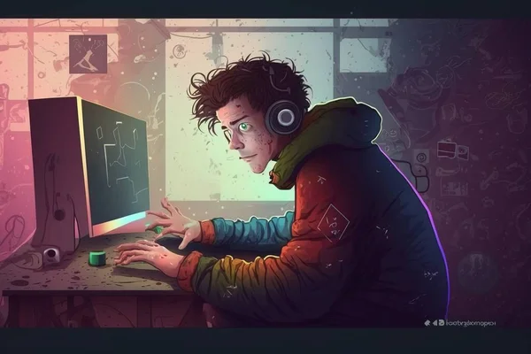 A man wearing headphones is using a computer keyboard and mouse to play a game game art cyberpunk art computer art