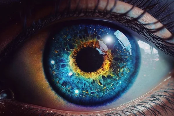 A close up of a blue eye with a bright iris and stars in the iris realistic eyes a 3d render abstract illusionism