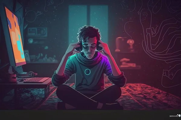 A man sitting on a bed with headphones on and a computer in the background 2 d game art cyberpunk art computer art