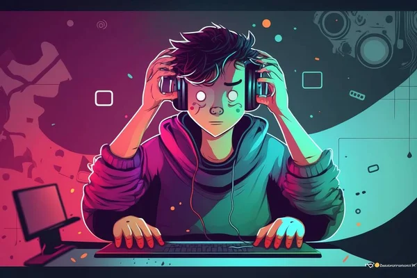 A man wearing headphones sitting at a computer with a laptop on his desk and a laptop game art computer graphics computer art