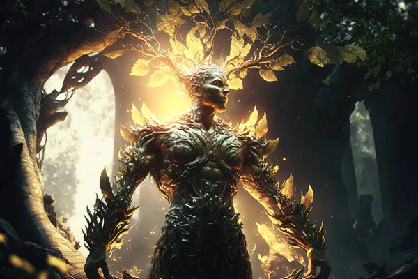 A man standing in a forest with a giant demon like creature on his back and arms outstretched cryengine concept art fantasy art
