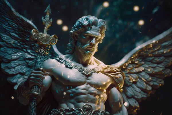 A statue of a man with a sword and wings on his chest and chest with a cross on his arm unreal 5 highly rendered an ambient occlusion render fantasy art