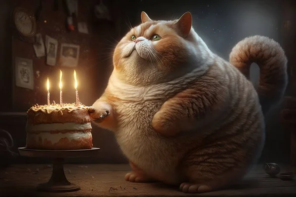 A cat standing on its hind legs with a cake on it\'s leg and a lit candle in its mouth cgstudio a pastel furry art