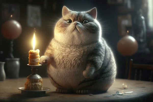 A cat sitting on a table next to a lit candle and a cake on a plate promotional image a character portrait furry art
