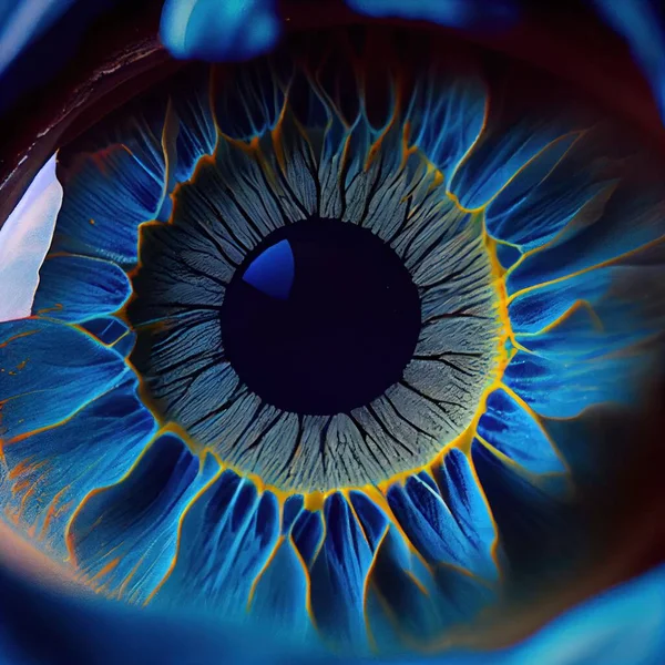 A close up of a blue eye with a yellow iris and a blue iris in the iris symmetrical eyes a macro photograph synchromism