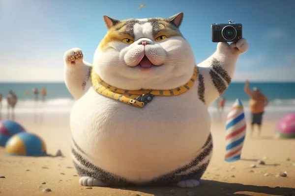 A cat is holding a camera and standing on the beach with a lot of people cgstudio computer graphics photorealism