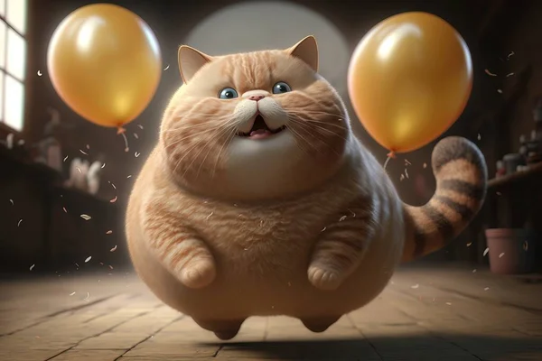 A cat is flying with balloons in the air and smiling at the camera while standing on its hind legs cgstudio a 3d render furry art
