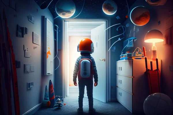 A child in a space suit stands in a hallway with planets hanging from the ceiling space a storybook illustration space art