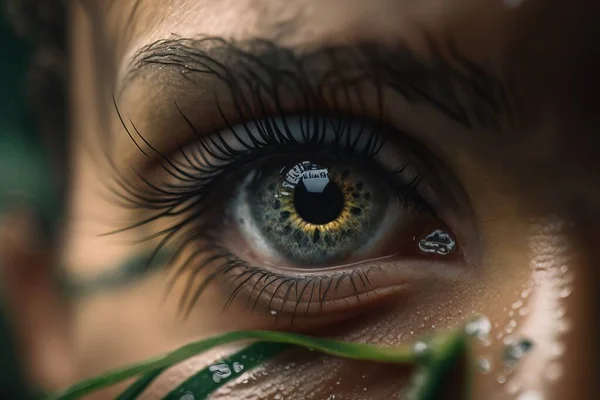A close up of a person\'s eye with water droplets on it and a plant in the foreground highly detailed digital painting a photorealistic painting photorealism