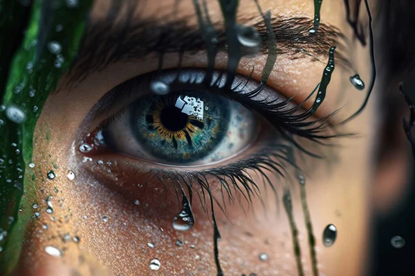 A close up of a person\'s eye with water drops on it and a plant in the background highly detailed digital painting a photorealistic painting photorealism