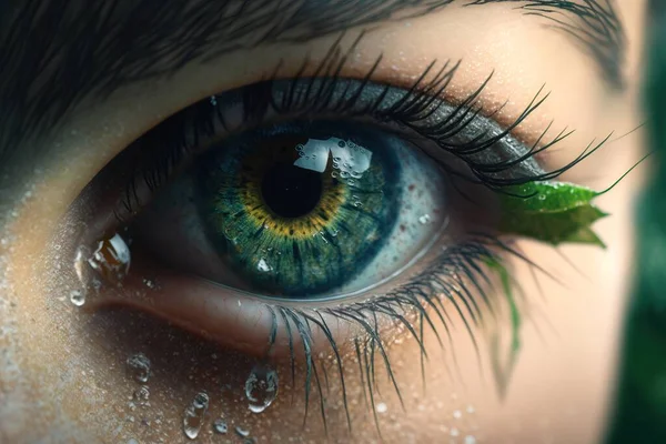 A close up of a person\'s eye with water drops on it and a green leaf sticking out of the iris realistic eyes a photorealistic painting photorealism