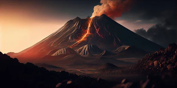 A volcano with a lava spewing out of it\'s side at sunset cinematic matte painting a detailed matte painting fantasy art