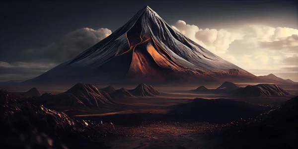 A mountain with a cross on it in the middle of a desert area with a cloudy sky cinematic matte painting a detailed matte painting fantasy art