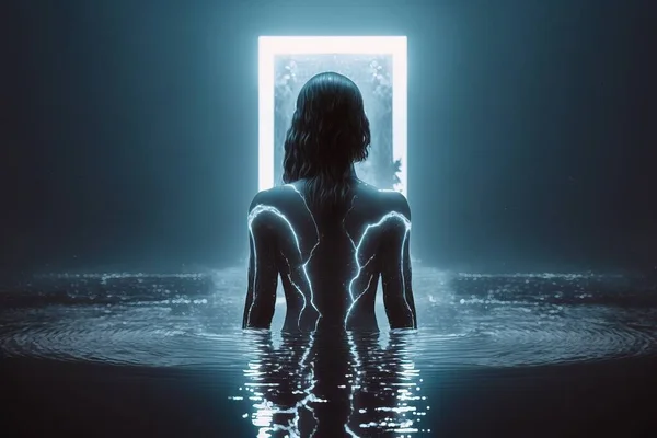 A woman standing in the water with her back to the camera looking at the light coming through a door affinity photo cyberpunk art holography