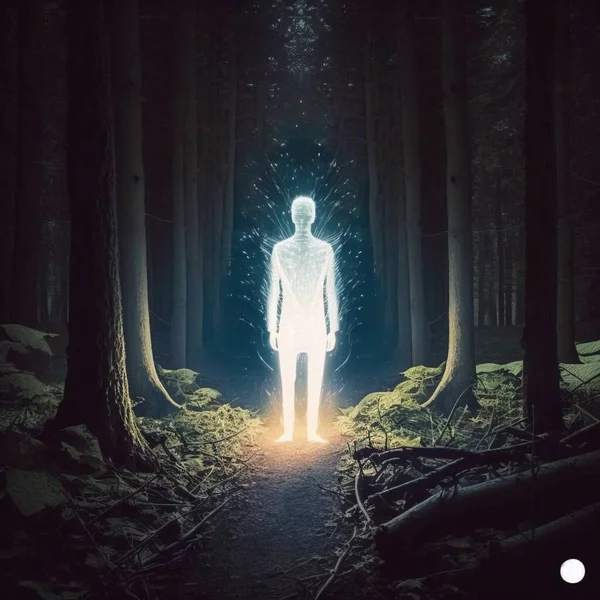 A man standing in the middle of a forest with a light shining on him and a trail leading to the light bioluminescence a hologram holography