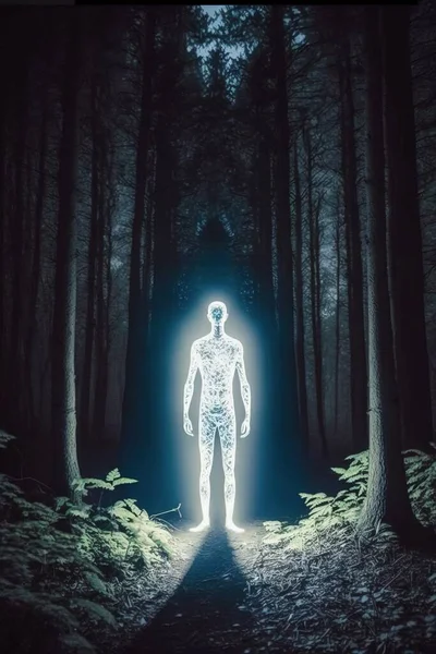 A man standing in the middle of a forest with a light shining on him and his body glowing biopunk a hologram holography