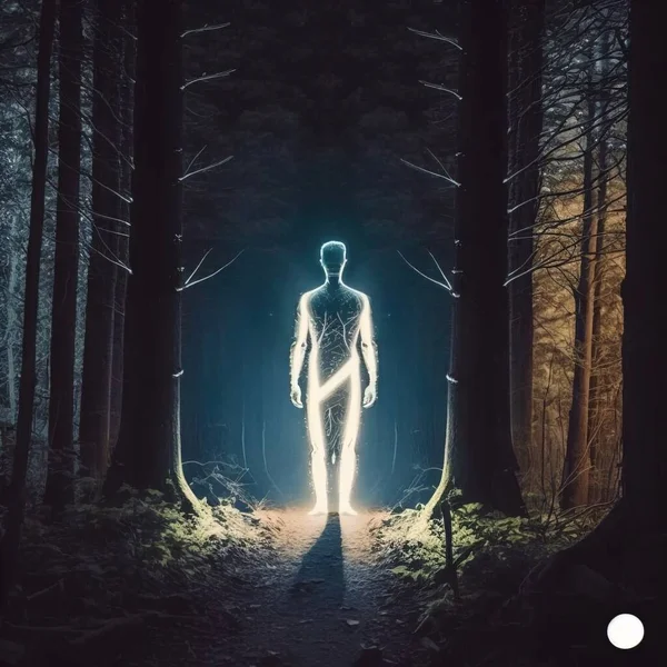 A man standing in the middle of a forest with a light shining on him and a trail anamorphic lens flare a hologram neo-figurative