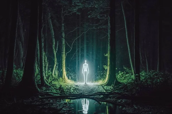 A man standing in the middle of a forest with a light at the end of the forest biopunk a hologram holography