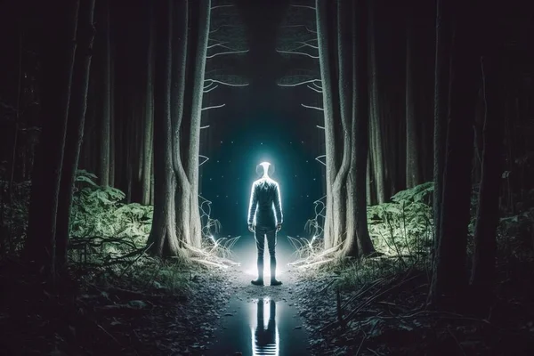 A man standing in the middle of a forest with a light shining on him and his reflection in the water biopunk a hologram holography