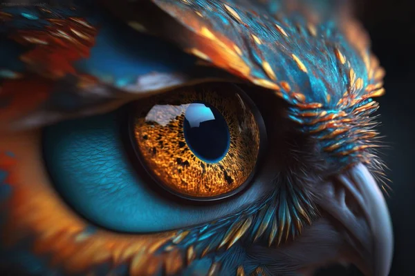 A close up of a bird\'s eye with a blue and orange background and a yellow center realistic eyes a 3d render photorealism