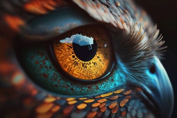 A close up of a bird\'s eye with a reflection of the sky in it realistic eyes a 3d render photorealism