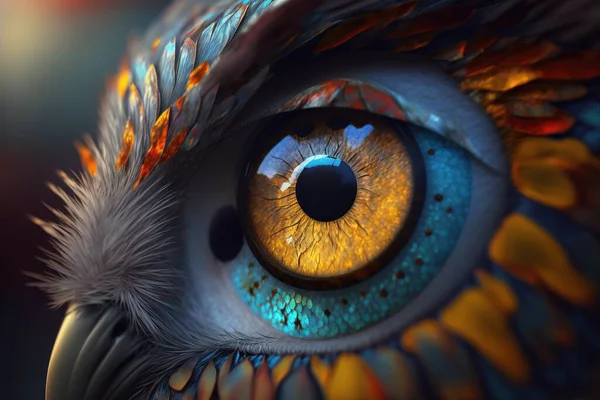 A close up of a colorful bird\'s eye with a blurry background of the eye realistic eyes a 3d render fantasy art