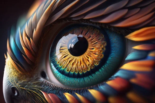 A close up of a colorful bird\'s eye with feathers on it\'s wings highly detailed digital painting a 3d render psychedelic art