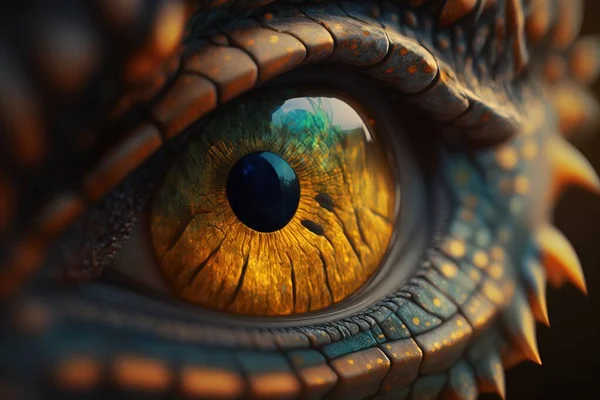 A close up of a dragon eye with a yellow iris and green iris iris in the center realistic eyes a 3d render photorealism