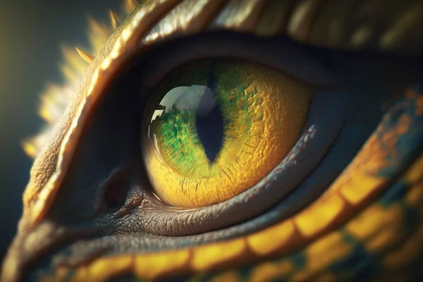 A close up of a dragon\'s eye with a green eyeball in the center realistic eyes an ambient occlusion render photorealism