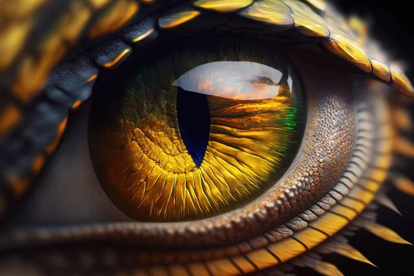 A close up of a dragon eye with a sky in the background and a yellow dragon eye realistic eyes a 3d render photorealism