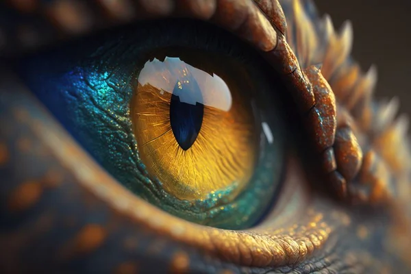 A close up of a dragon eye with a blue and yellow iris and a black spot realistic eyes a 3d render photorealism
